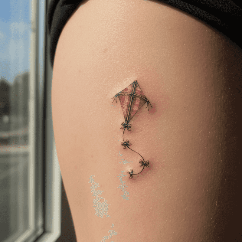 Tatuaje micro realista de cometa a color con hilo delicado y lazos, estilo minimalista y artístico